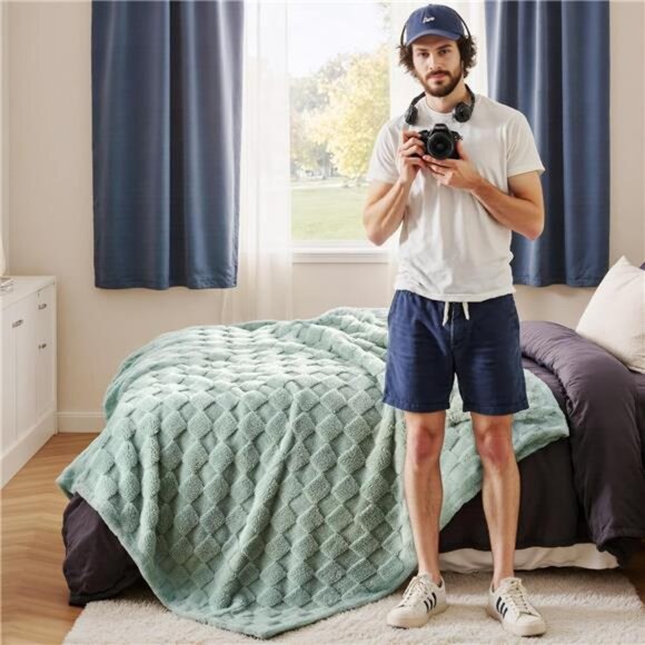 Bedsure GentleSoft Sage Green Throw Blanket for Couch - Checkered Fleece - Picture 5 of 16